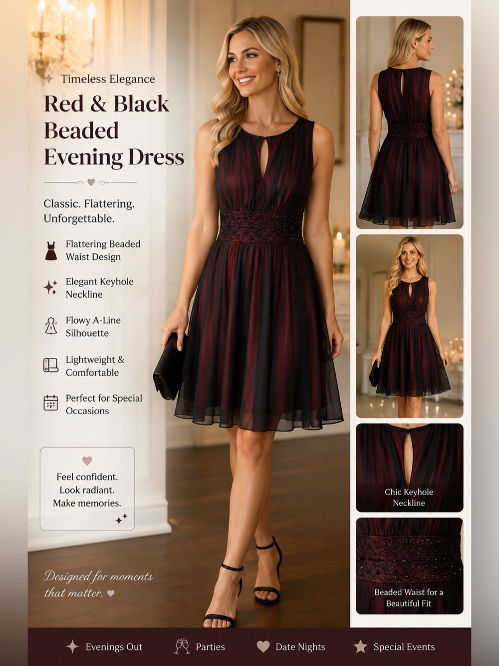 Sleeveless Red and Black Beaded Waist Evening Dress